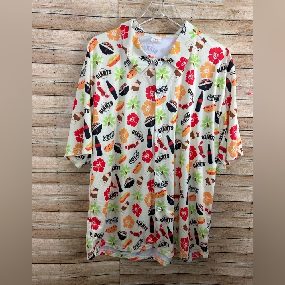 San Francisco Giants Shirt Men XL Off White Orange Coca Cola Hawaiian Food Print